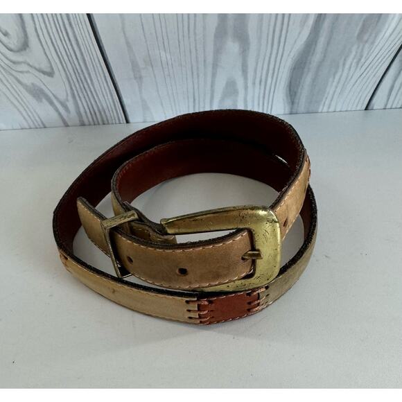 Vintage Y2K 90s Fossil Leather Patchwork Belt Brass Buckle Size Small - Picture 2 of 7